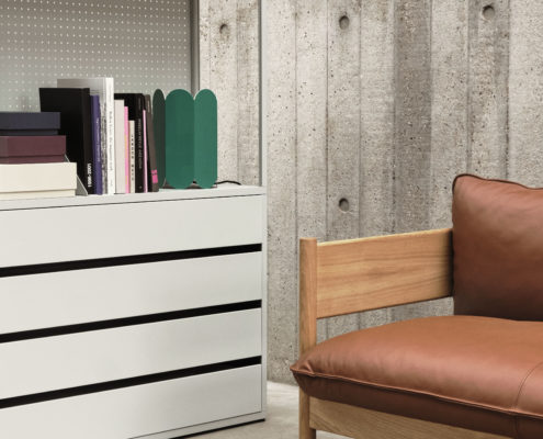 Arbour Club Sofa Nevada NV2488S oiled waxed oak base_Arcs Shade sea green_New Order Shelving System light grey