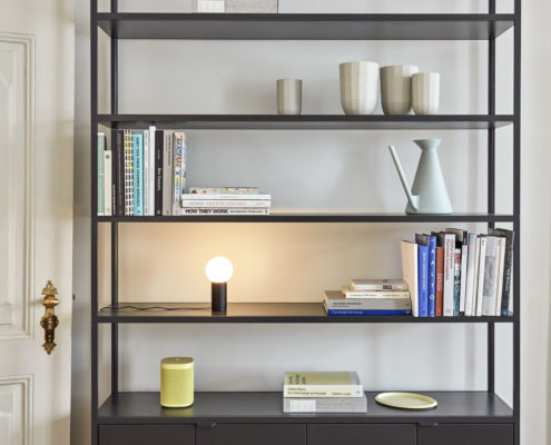 New Order Shelving System charcoal_Watering Can light grey_Turn On black_Ellipse Tray S light yellow