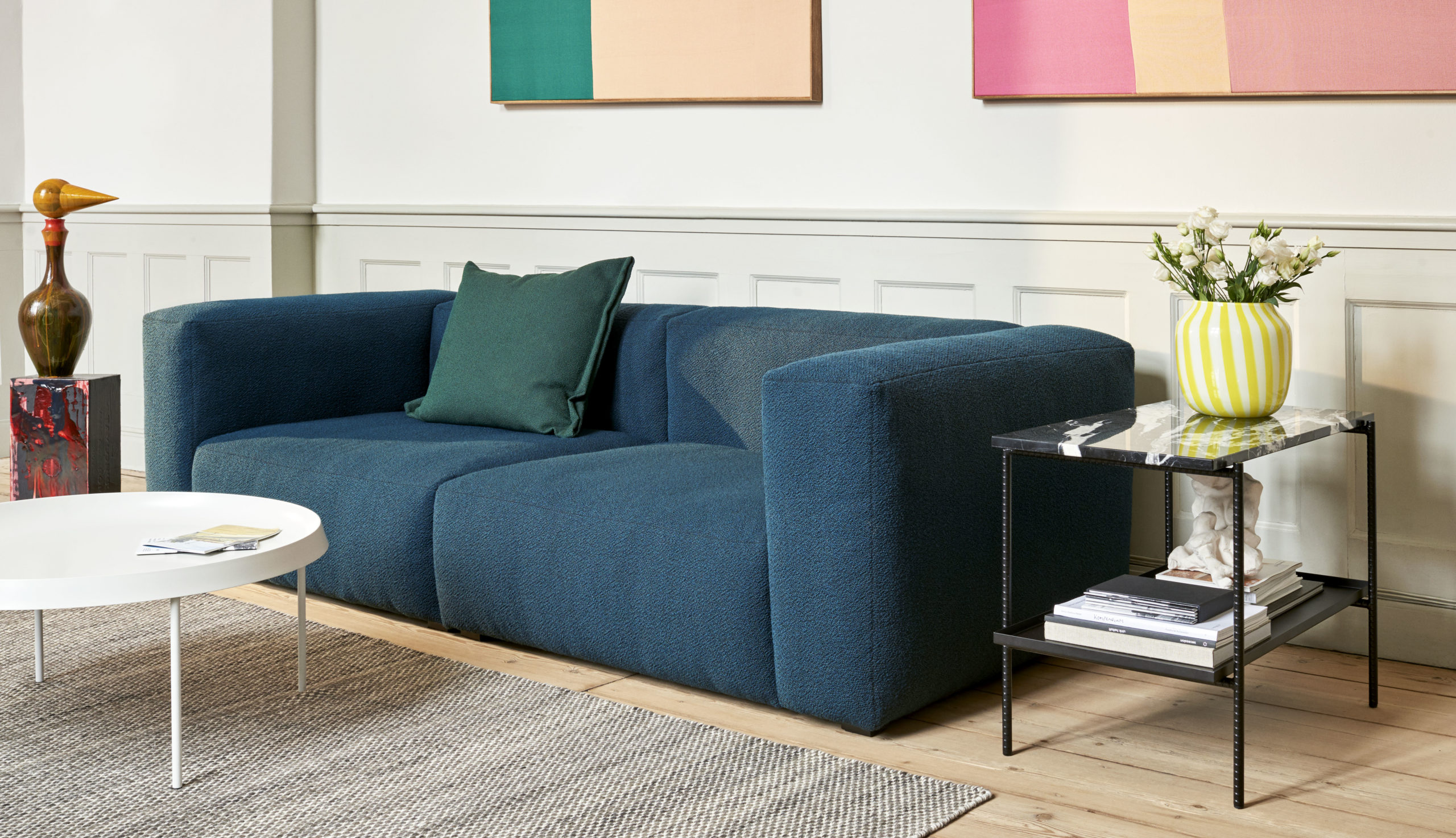 Mags Soft 2,5 seater combination 1 Flamiber petrol blue J4_Rebar Side Table soft black w marble top_Juice Vase wide yellow_Tulou Coffee Table off white_Moire Kelim grey
